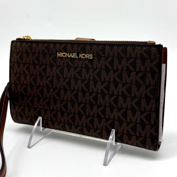 Michael Kors Large Jet Set Travel Signature Double Zip Wallet Wristlet Brown - Picture 1 of 8